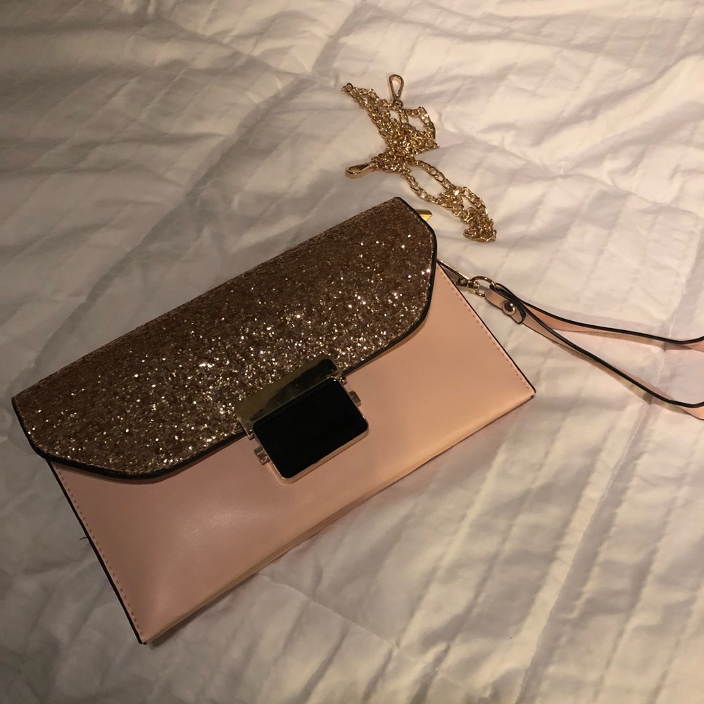 Clutch glitter/rose gold color & gold chain